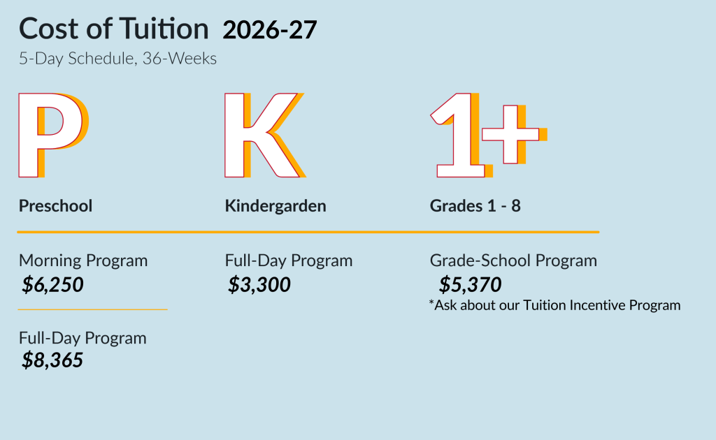 Infographic stating the 2026 -2027 tuition costs for the Glenview New Church School 